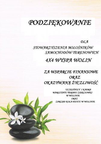 Podziękowanie dla Stowarzyszenia miłośników samochodów terenowych